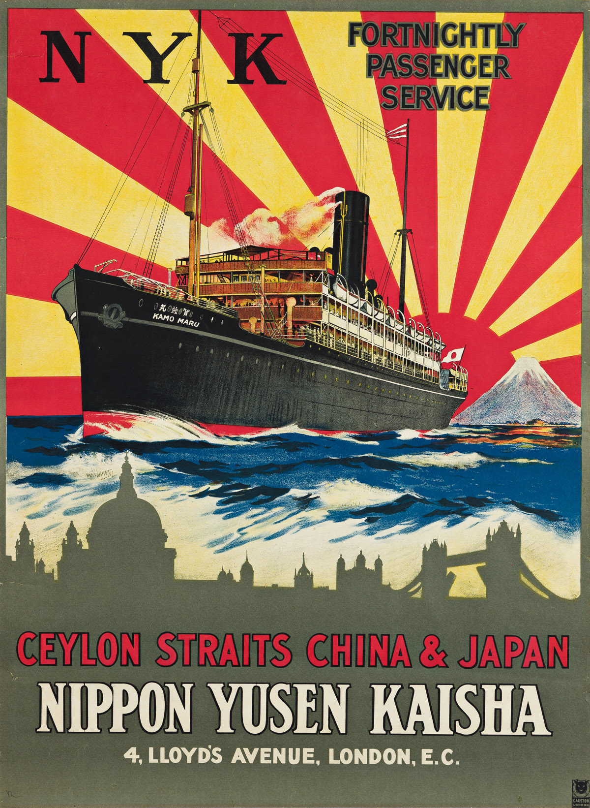 DESIGNER UNKNOWN.  NYK / FORTNIGHTLY PASSENGER SERVICE / CEYLON STRAITS CHINA & JAPAN. Circa 1920. 39x28¾ inches, 99x73 cm. Causton, [L